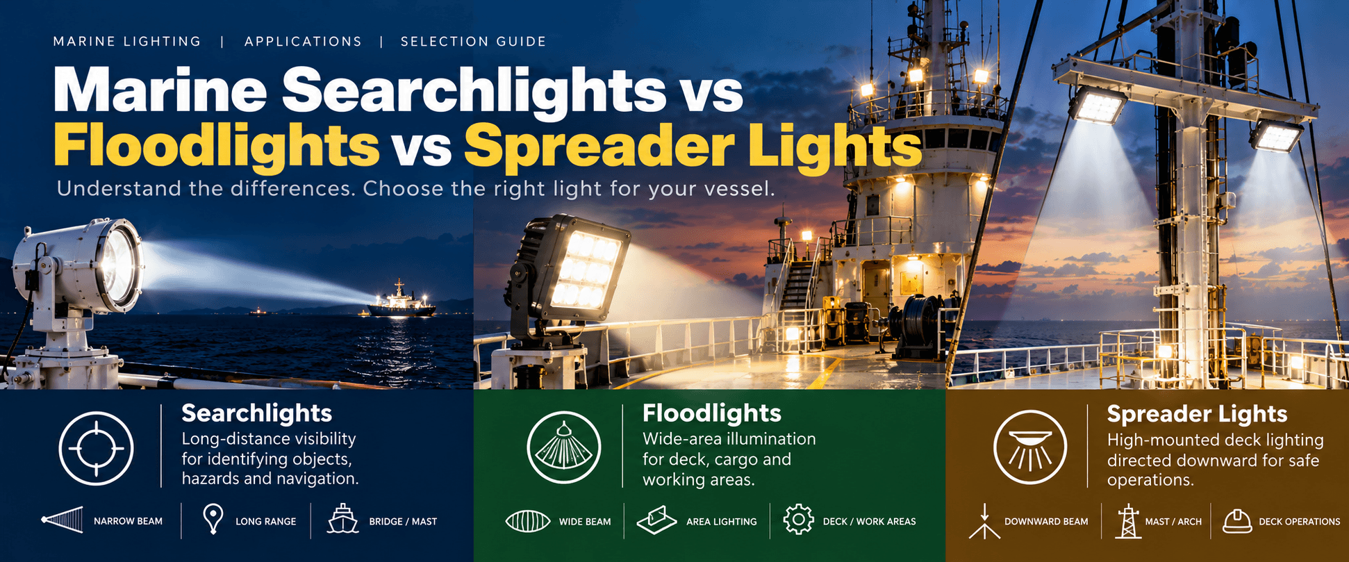 Marine Searchlights vs Floodlights vs Spreader Lights | Selection Guide